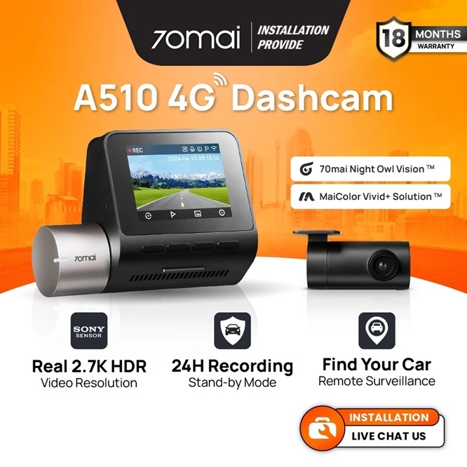 70mai A510 Dashcam 2.7K Resolution + HDR | 4G Connectivity | Built-in GPS & ADAS |