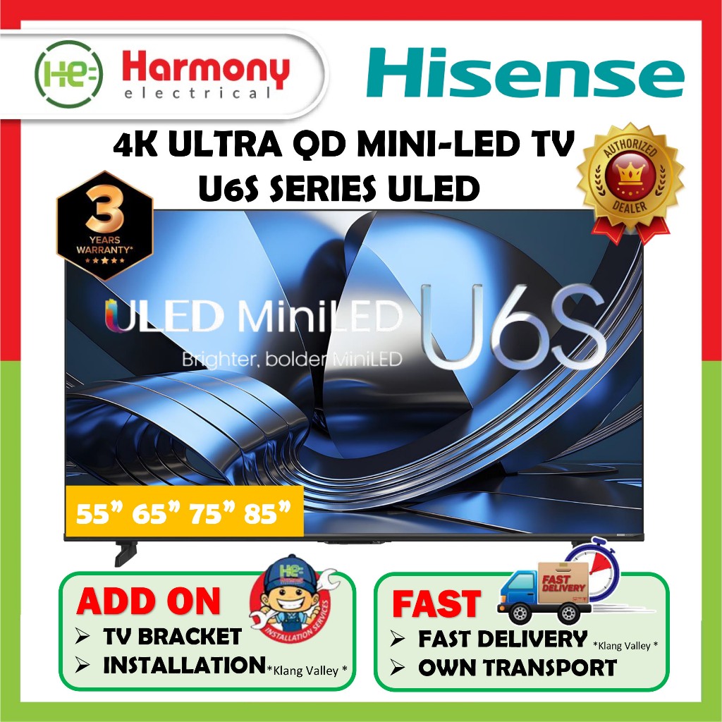 HISENSE 55" 65" 75" 85" 4K Ultra QD Mini LED TV U6S Series Smart TV ULED 55U6S / 65U6S/ 75U6S / 85U6S 144Hz