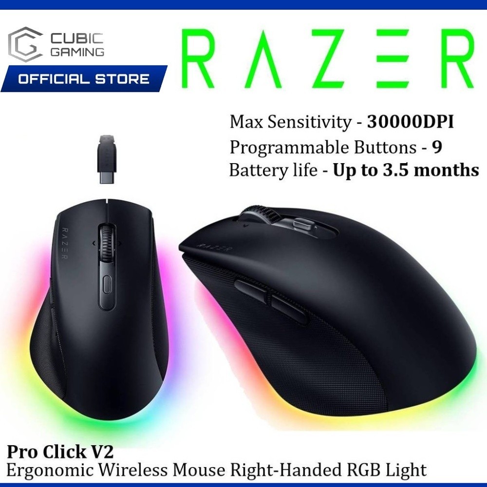RAZER PRO CLICK V2 ERGONOMIC RIGHT HANDED WIRELESS MOUSE 9 PROGRAMMABLE BUTTONS / AI  PROMPT MASTER / USB-C WIRED
