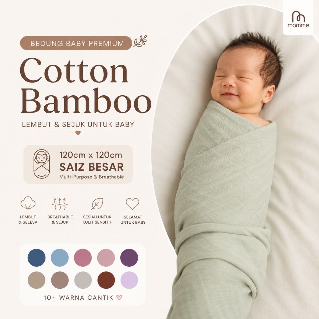 Bedung Baby Cotton Bamboo Muslin 120x120cm Anti Panas Lembut Swaddle Newborn Saiz Besar Plain