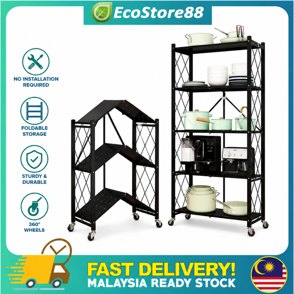 Foldable Storage Rack 3-5 Layer With Wheels Moveable Rak Dapur Cabinet Rack Shelf Storage Rak Organizer Kabinet 折叠架