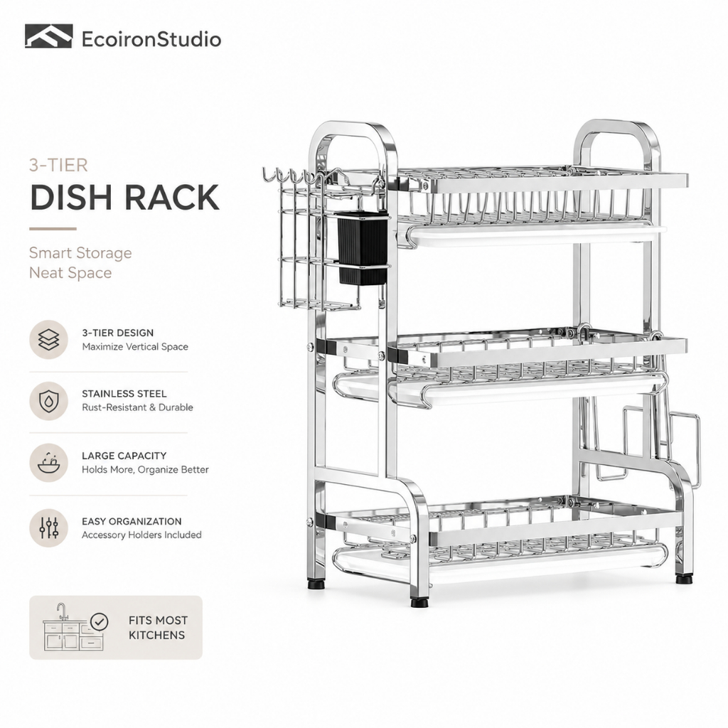 Rak Pinggan Mangkuk 304 Stainless Steel Dish Rack 2/3 Tier Rak Dapur Sinki Dish Drainer With Tray 33-53cm
