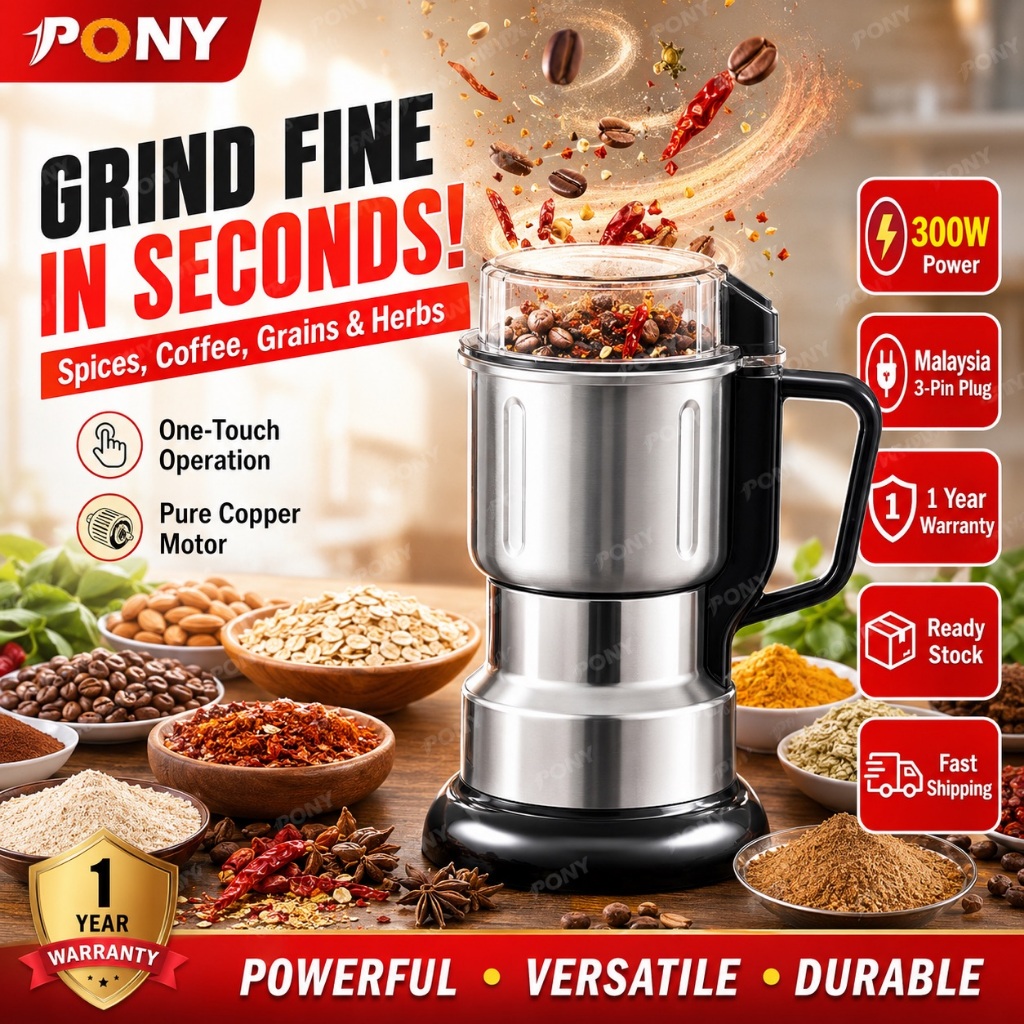 PONYHOME Electric Grinder Machine 300W Pengisar Kopi Rempah 500ML Stainless Steel Multi-Function Coffee Spice Mill
