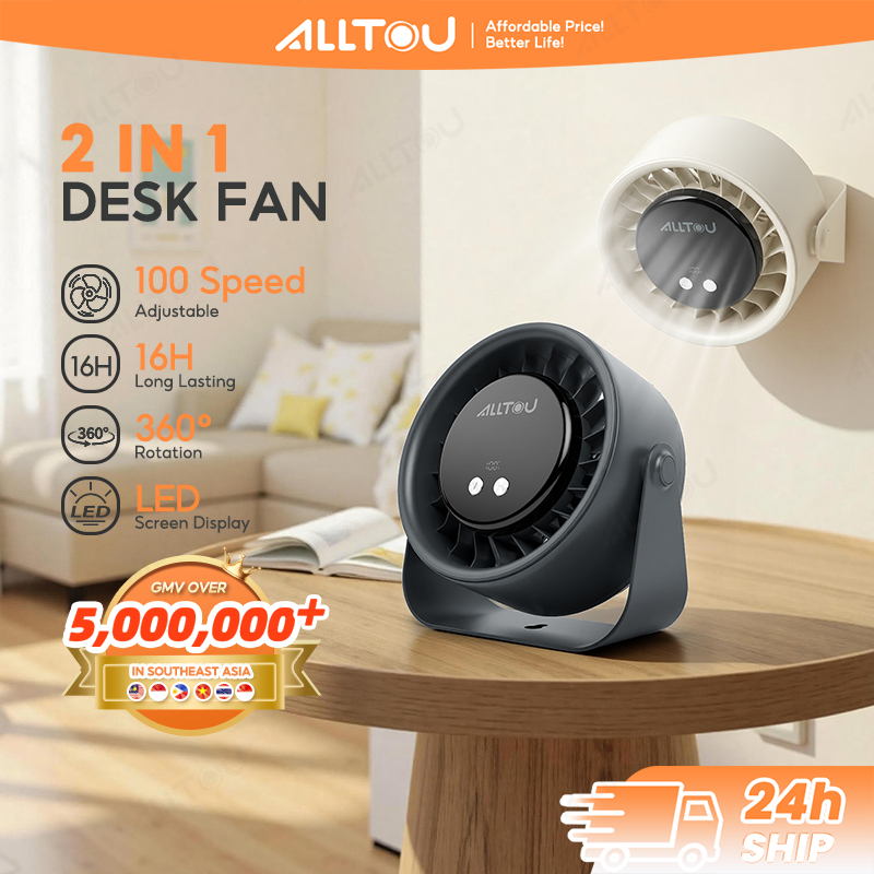 ALLTOU Desktop Fan 100 Speed Table Fan 2 in 1 Wall Mount 360° Adjustable Turbo Fan  LED Screen 16H Long Lasting Desk Fan