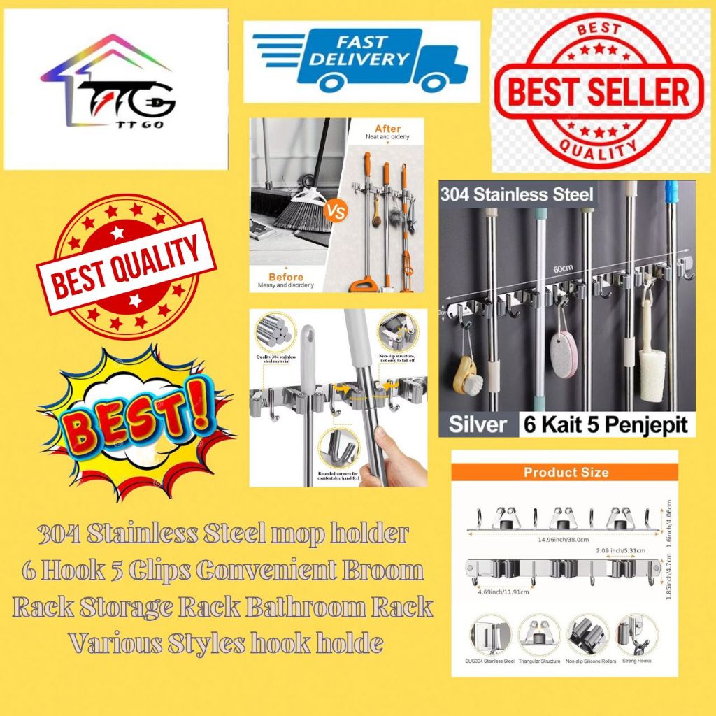 304 Stainless Steel mop holder 6 Hook 5 Clips Convenient Broom Rack Storage Rack Bathroom Rack Various Styles hook holde