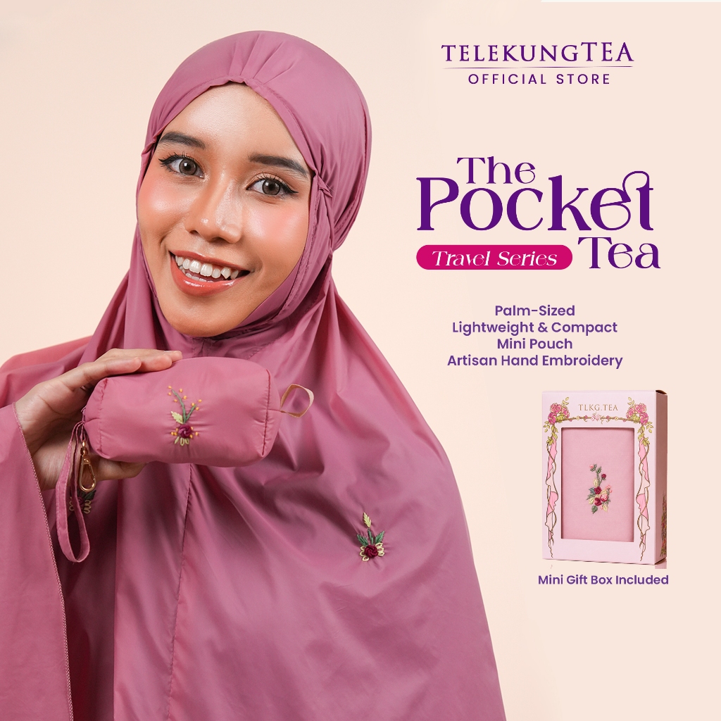 THE POCKET TEA by Telekung Tea | Compact Embroidered Travel Telekung + Mini Pouch Bag + Mawarose Set