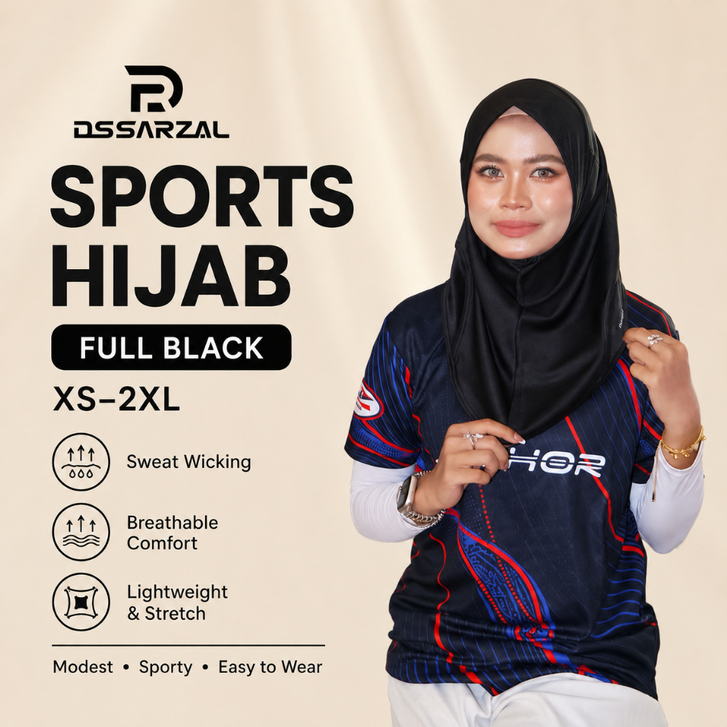 [XS-2XL] DSSARZAL Tudung Sarung Sports Hijab Sasa Original Full Black Edition - Tudung Sukan Cepat Kering & Ironless