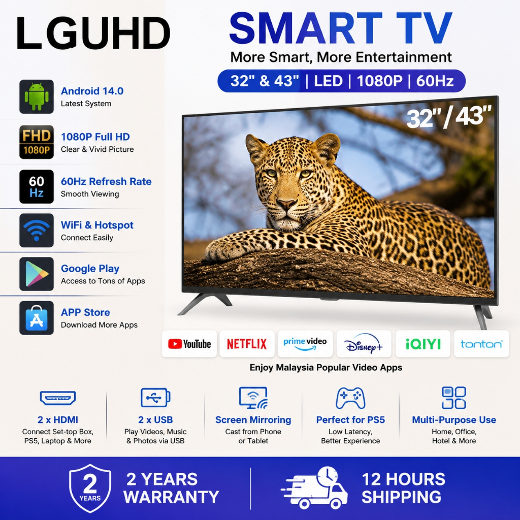 LGUHD Android TV 32/43 inch Smart TV LED Television 32inci FHD WiFi/YouTube/MYTV/Netflix/HDMI/USB