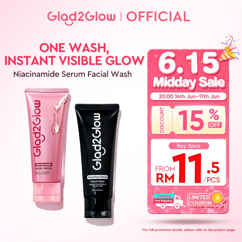 [Live Extra]Glad2Glow Niacinamide Serum Facial Wash Cleanser Brightening Hydrating Glowing Face Wash Pencuci Muka