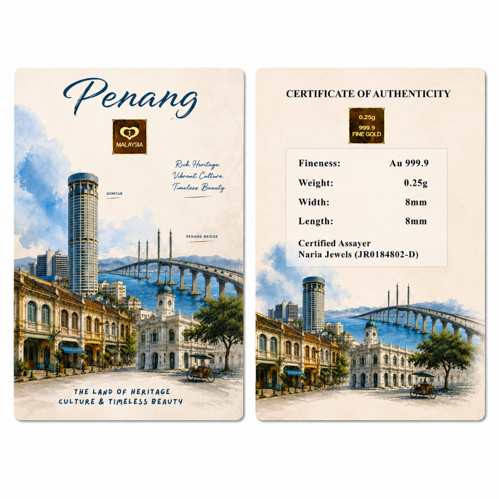 Naria 999.9/24K Gold Bar 0.25gm Penang Design Malaysia Collection Pelaburan Emas Gold&hellip;