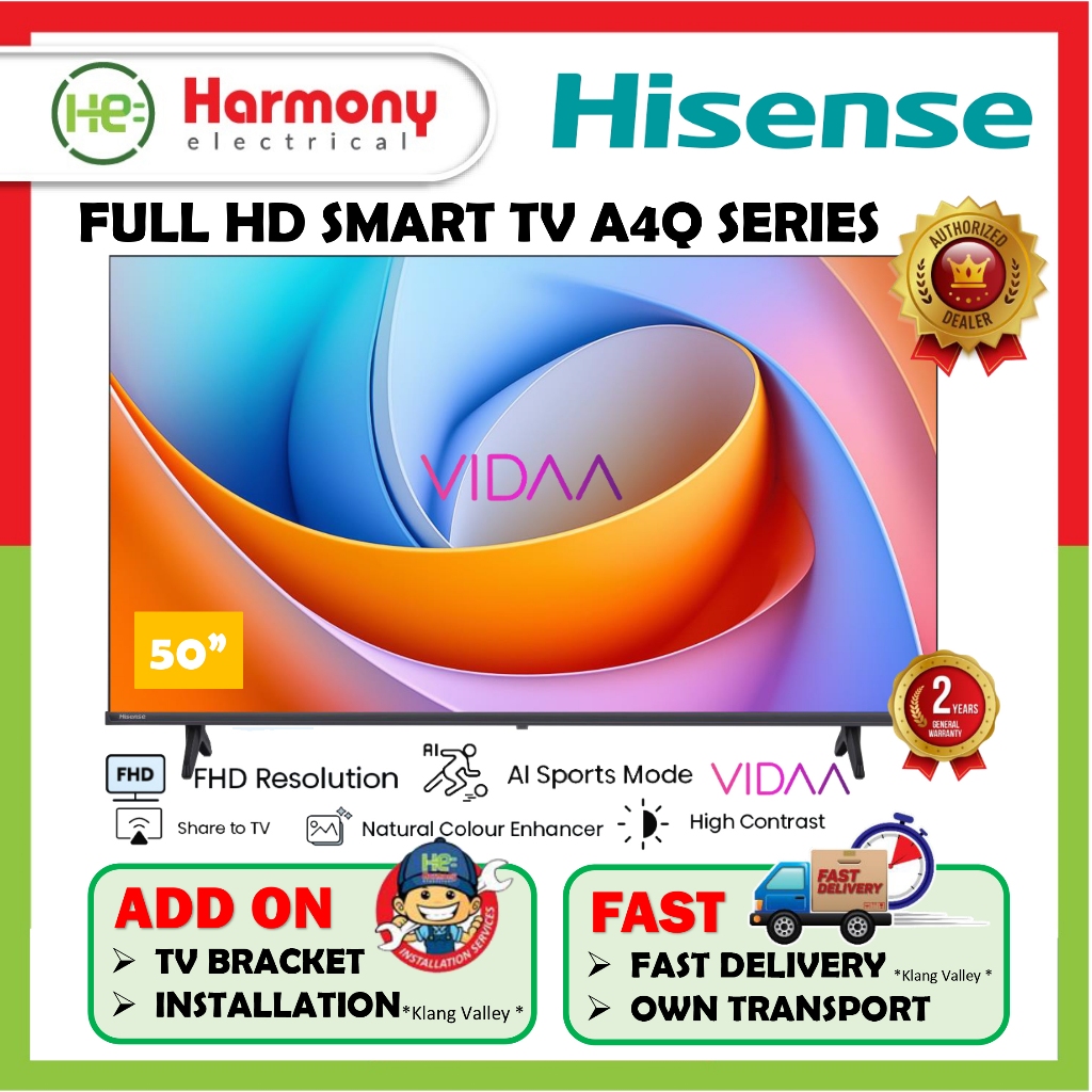 (Best Seller) HISENSE 50" Full HD Smart TV A4Q Series 50A4Q / VIDAA/ Television / TV CCTV Office Hostel