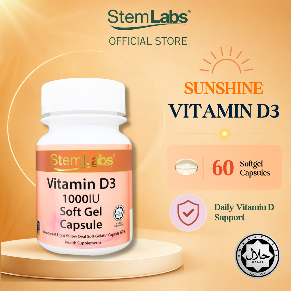 StemLabs Vitamin D3 1000IU 60 Softgel | Immune, Bone & Muscle Support [JAKIM Halal | KKM Approved]