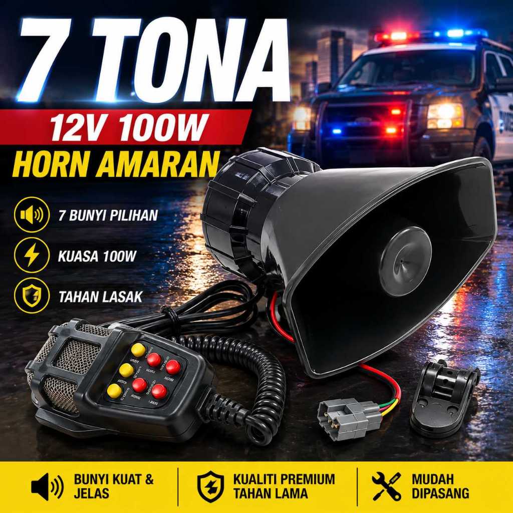 Siren Kereta 12V 100W 7 Tone Horn Kuat, Mikrofon PA untuk Lori Bot Truck Van Bunyi Jelas Kecemasan Jalan