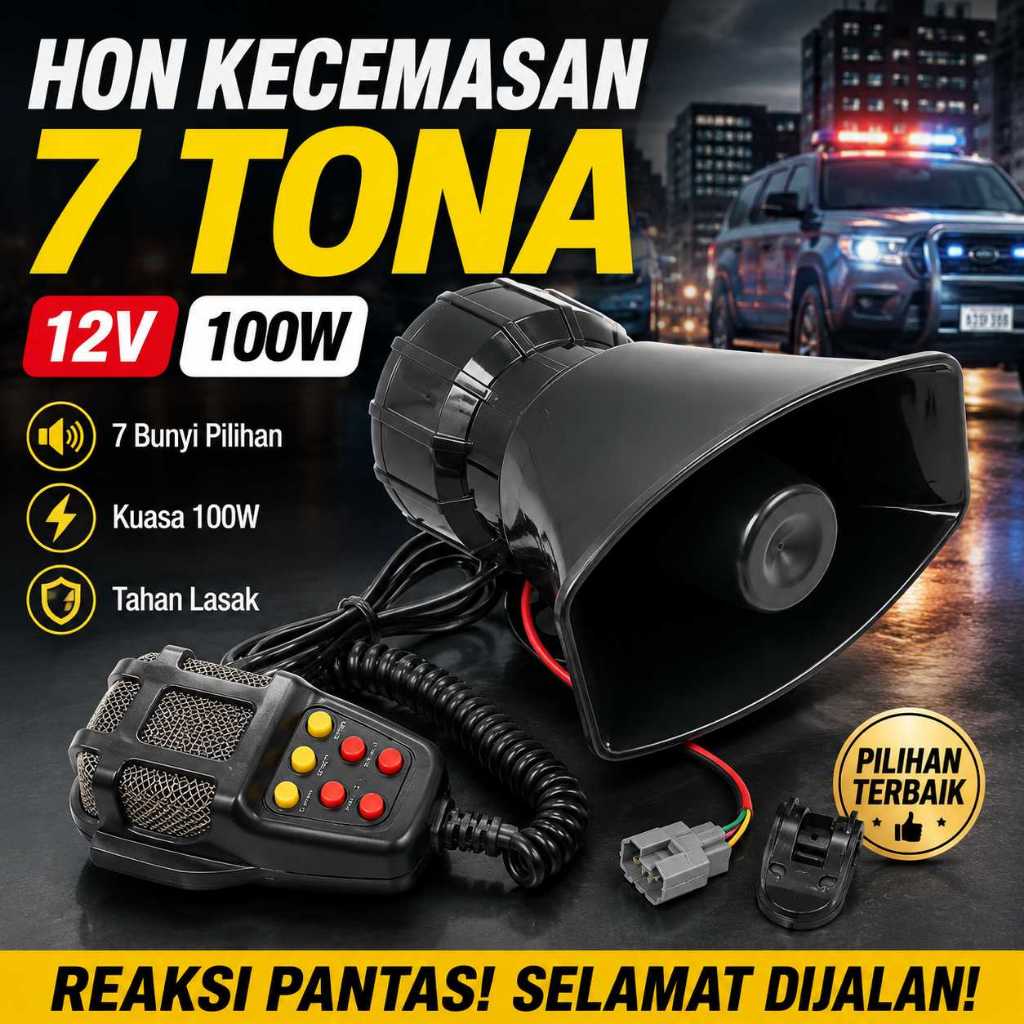 Siren Kereta 12V 100W 7 Bunyi Amaran, Speaker PA Mikrofon Gaya Polis untuk Lori Van Bot Pickup Kecemasan