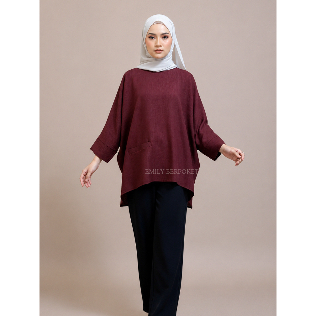 [JRS] Emily Blouse Berpoket Labuh Baju Loose Shirt Wanita Muslimah Clothing Soft Linen Flowy By JR Stitch Sdn Bhd