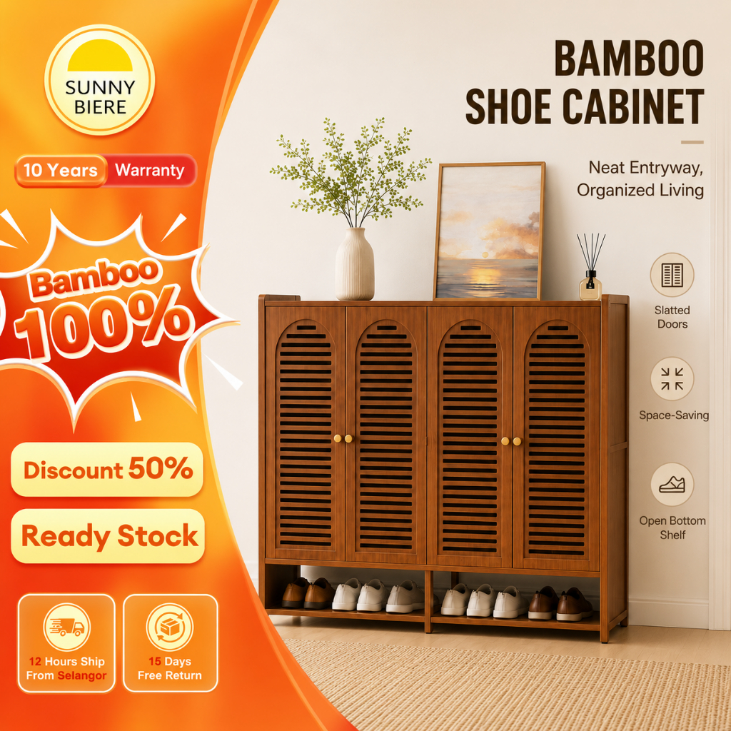 SUNNY Bamboo Shoe Cabinet Almari Kasut 2/3/4 Door Shoe Rack Cabinet Vintage Shoes Storage 鞋柜