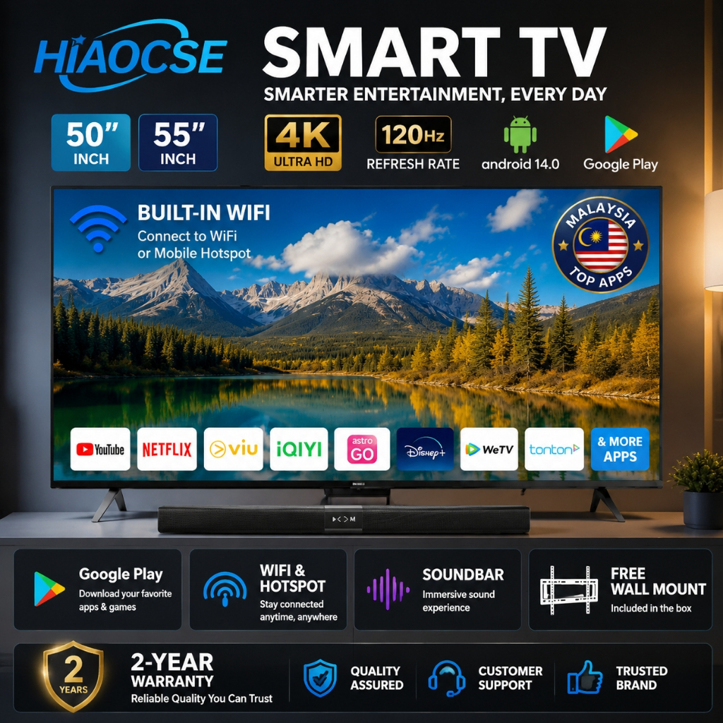 HIAOCSE 50/55inch Android Smart TV 4K LED TV 120Hz WiFi Hotspot HDMI USB YouTube Netflix MYTV DVB-T2