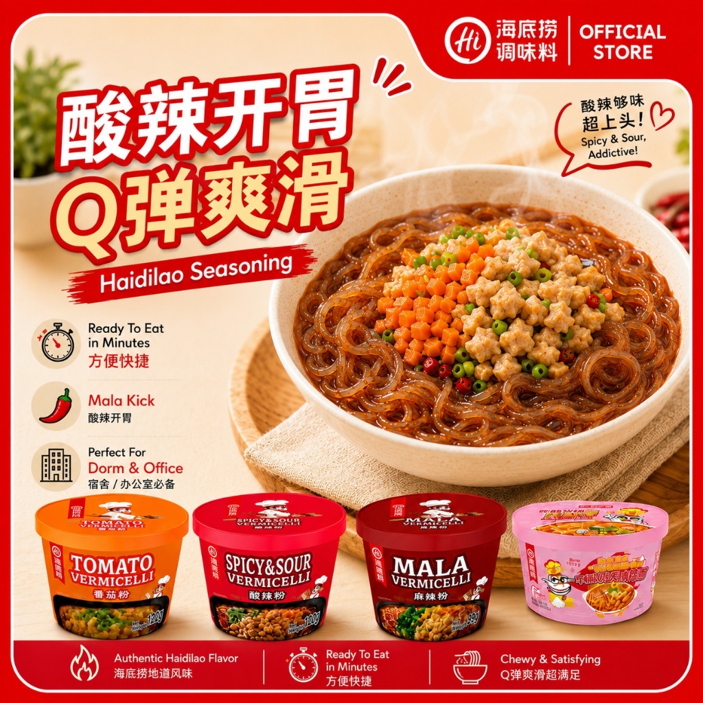 Haidilao Instant Vermicelli/Instant Noodle Sour&Spicy Flavour/Tomato/Mala/Korean Creamy Buldak 海底捞冲泡粉酸辣粉面/麻辣/番茄/奶油 方便速食
