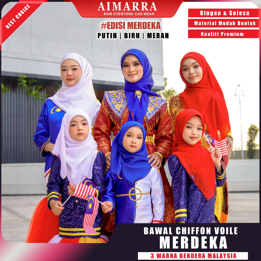 Bawal Plain Merdeka Malaysia | Dewasa 45” & Kids 38” | Tudung Hari Kebangsaan ( Umur 3 hingga 12 tahun boleh pakai )