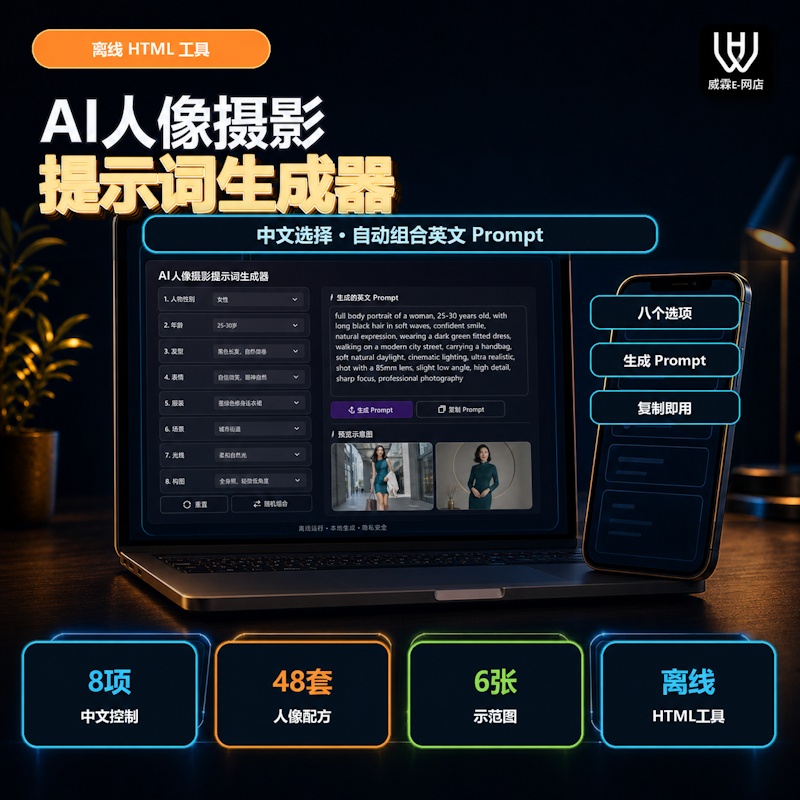 AI人像摄影提示词生成器｜中文选择自动组合英文Prompt｜48套配方＋6张示范图＋零基础PDF指南