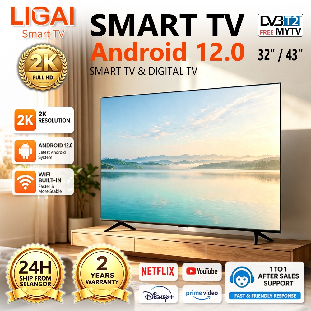 LIGAI 32 inch Televisyen Pintar Android Smart 43 inci TV Netflix HDMI DVB-T2 MYTV LED Tv Murah