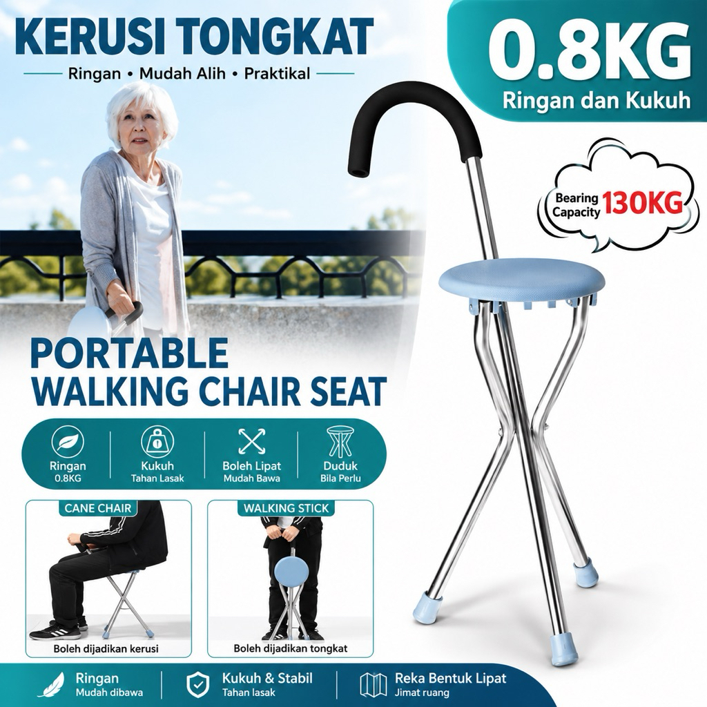 ✅Kerusi Tongkat🇲🇾Walking Stick Foldable Chair Tongkat Kerusi Lipat Solat Boleh Tongkat Duduk Tongkat Foldable Stainless