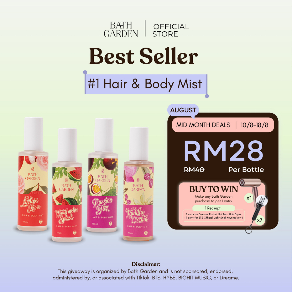 【MID MONTH EXCLUSIVE】Bath Garden Body & Hair Mist Vanilla Orchid Watermelon Splash Lychee Rose Passion Fizz Long Lasting