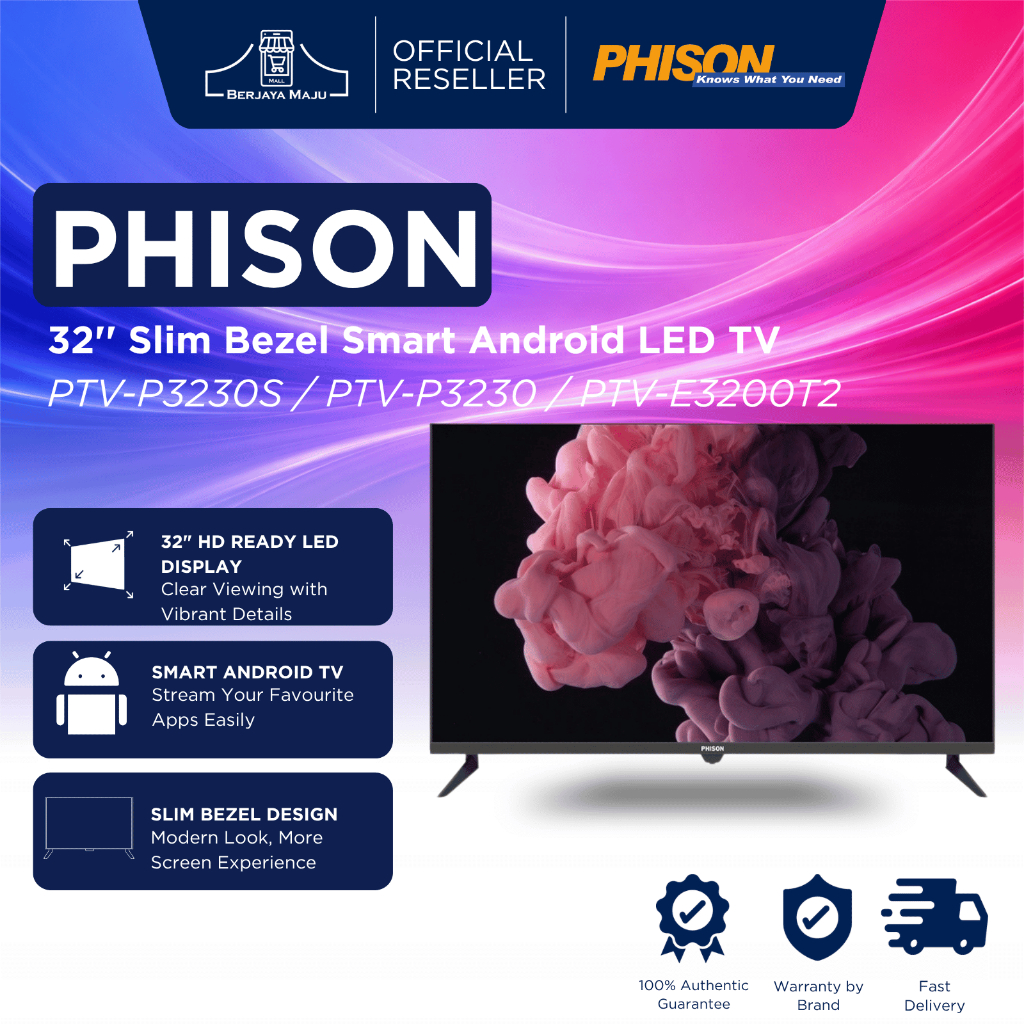 Phison 32'' Slim Bezel Smart Android LED TV PTV-P3230S / PTV-P3230 / PTV-E3200T2 | Smart Android TV Televisyen Pintar