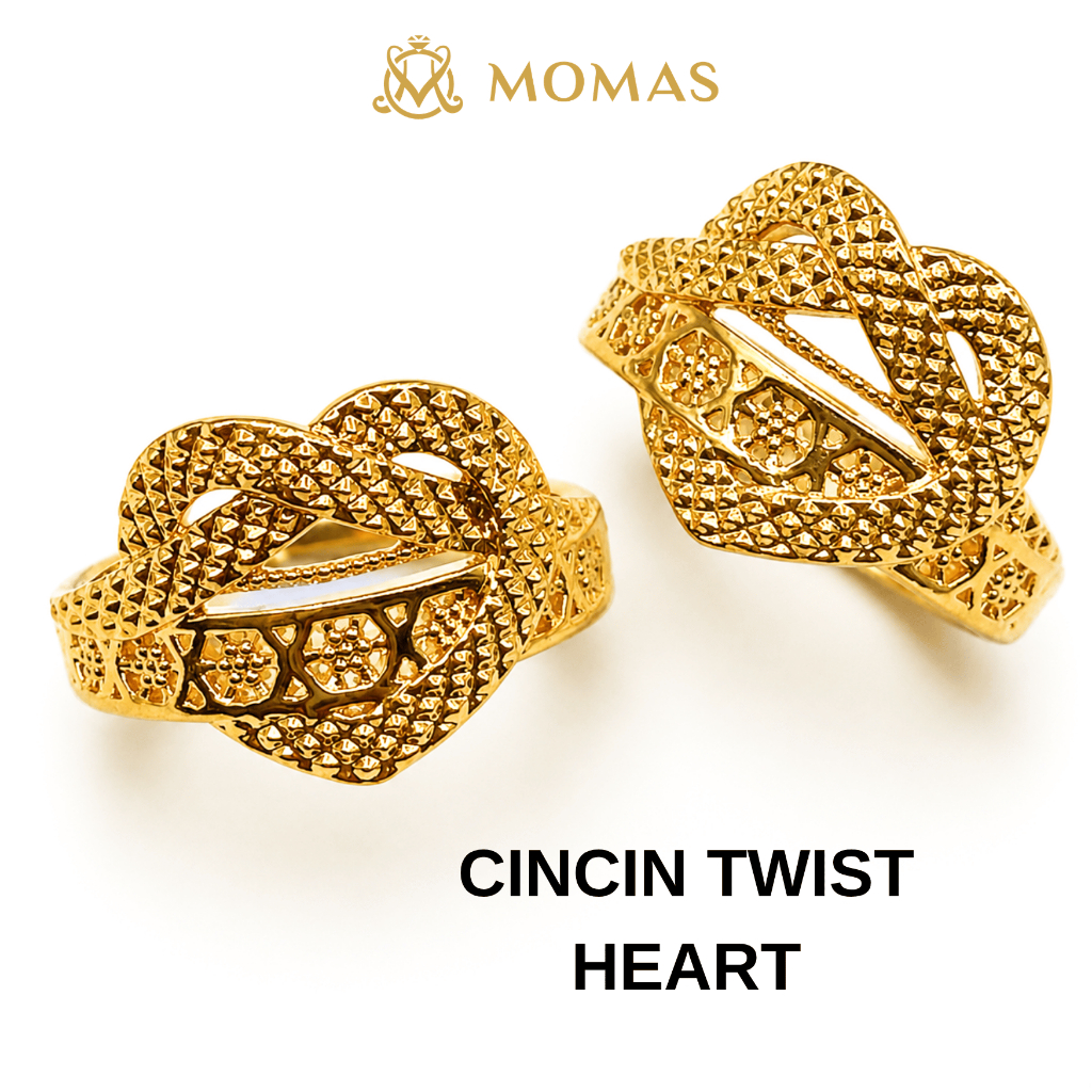 MOMAS CINCIN TWIST HEART 5D Emas 916 Original Cincin Emas 916 Bajet Cincin Fesyen Emas 916 Tulen Cincin Emas 916