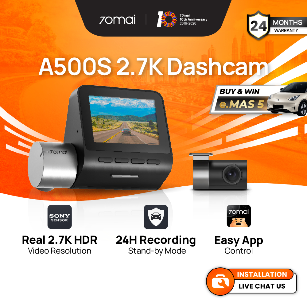 70mai A500s Dash Cam 2.7K Resolution + HDR | Built-in GPS & ADAS | Night Owl Vision | App Control | Loop Recording