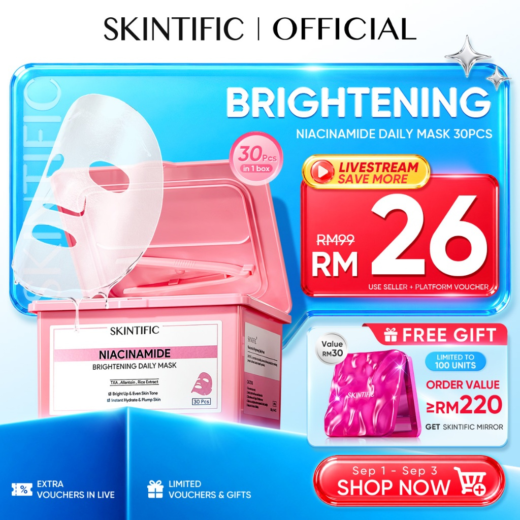 [TOP SELLER]SKINTIFIC Niacinamide Brightening Mask Face Daily Mask Centella 10-minute daily brightening sheet mask 30pcs