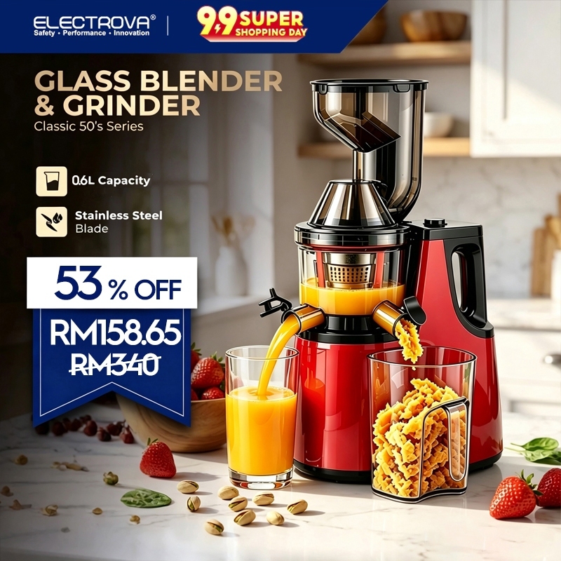 Electrova 2-in-1 Blender & Grinder | Classic 50's Series | Glass Jug + Grinder Combo | Mesin Jus