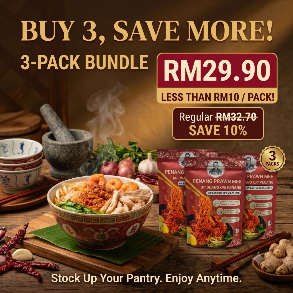 BABA CHOON'S HALAL Penang Prawn Mee Ramen x 3 | Mi Udang Instant Noodle 檳城蝦麵拉麵 (3 Pack Bundle / Real Paste)