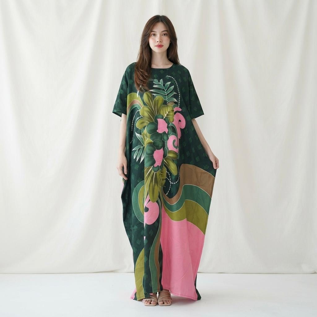 Baju Kaftan Dubai Kain Lembut Sejuk Printed Baju Tidur Kelawar Wanita Free Size Besar