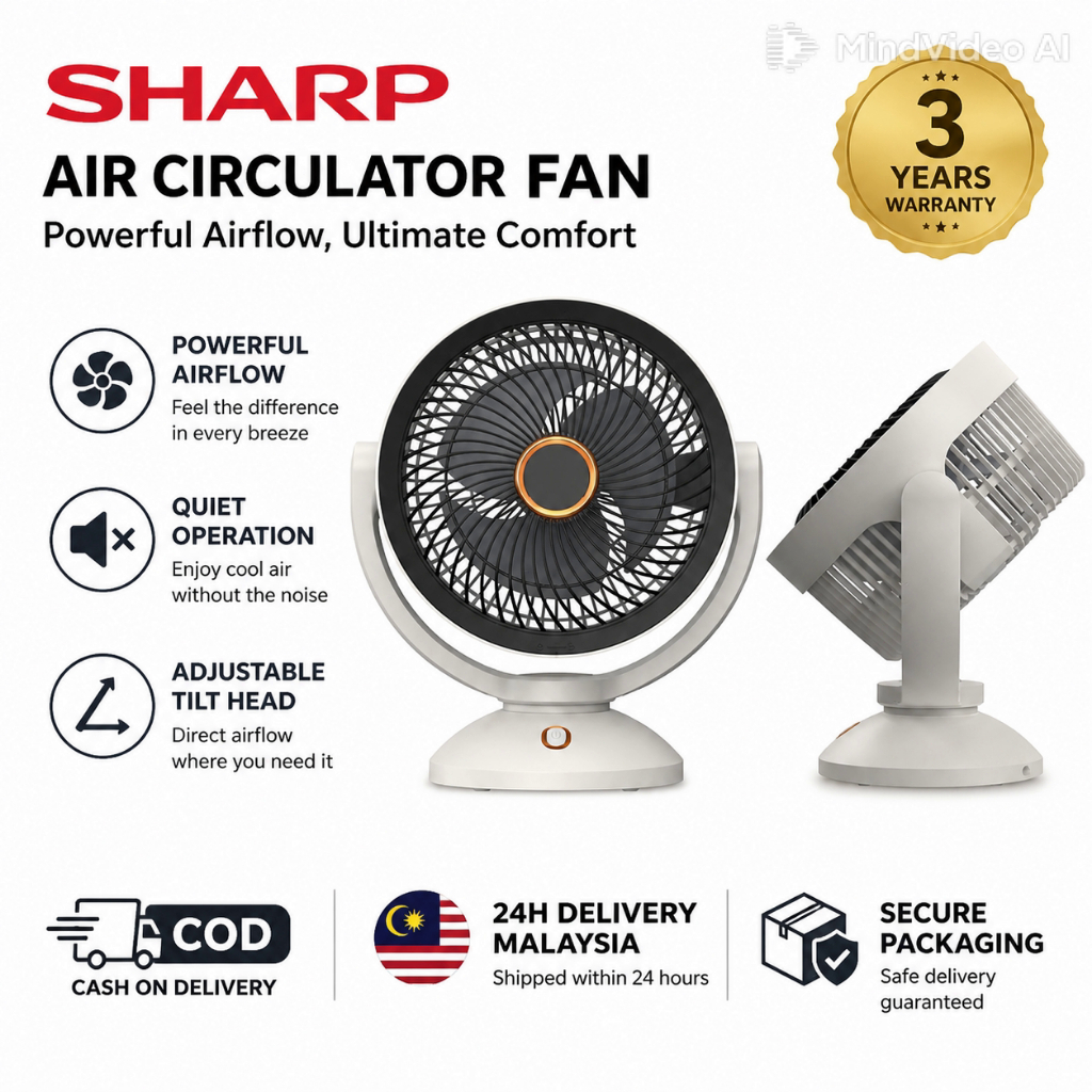 【3 Years Warranty】Sharp Air Circulator Fan Desktop Fan Silent Powerful Airflow Table Cooling Fan