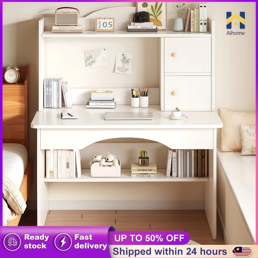 🔥Computer Table Meja belajar Student Study Desk With Book Shelf Table With Storage Rack Office Kids Writing Desk Meja