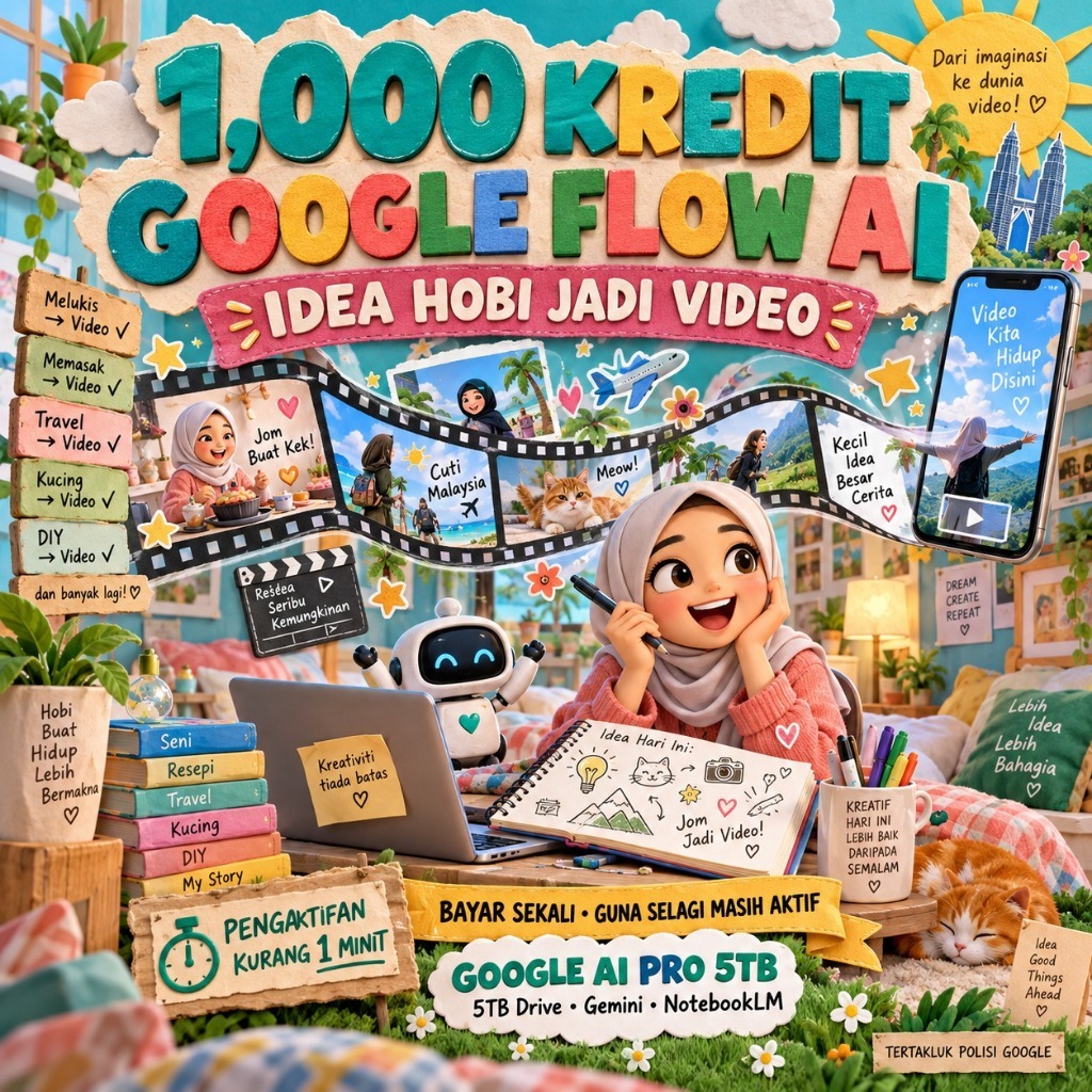 BUAT VIDEO AI PANTAS / GOOGLE FLOW AI / 1,000 CREDIT FLOW / 5TB / OWN EMAIL / GEMINI PRO 3.8 / Google Ai Pro