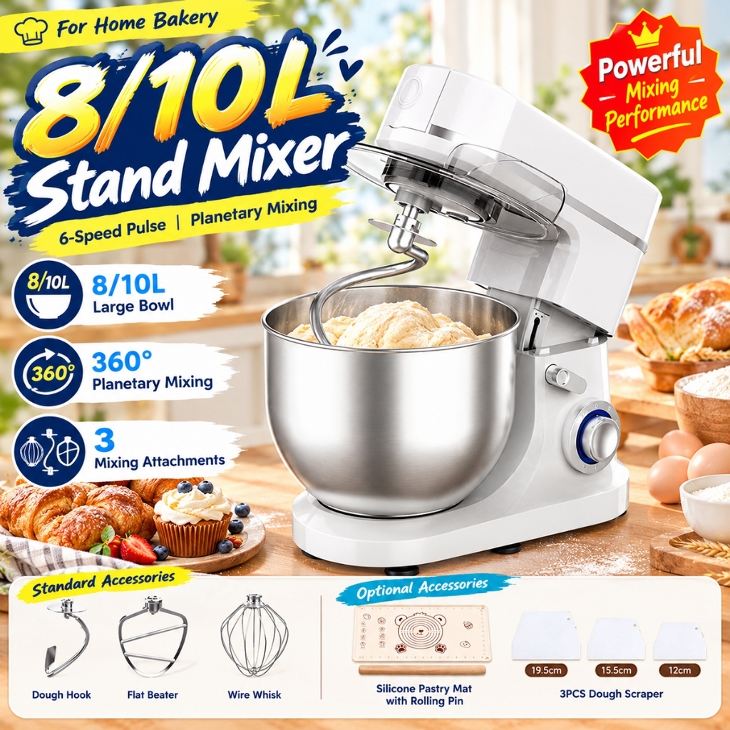 Stand Mixer 2200W 10L 8L Heavy Duty 6 Speed Dough Kneading Machine Large Capacity Baking Mixer Mesin Pengadun