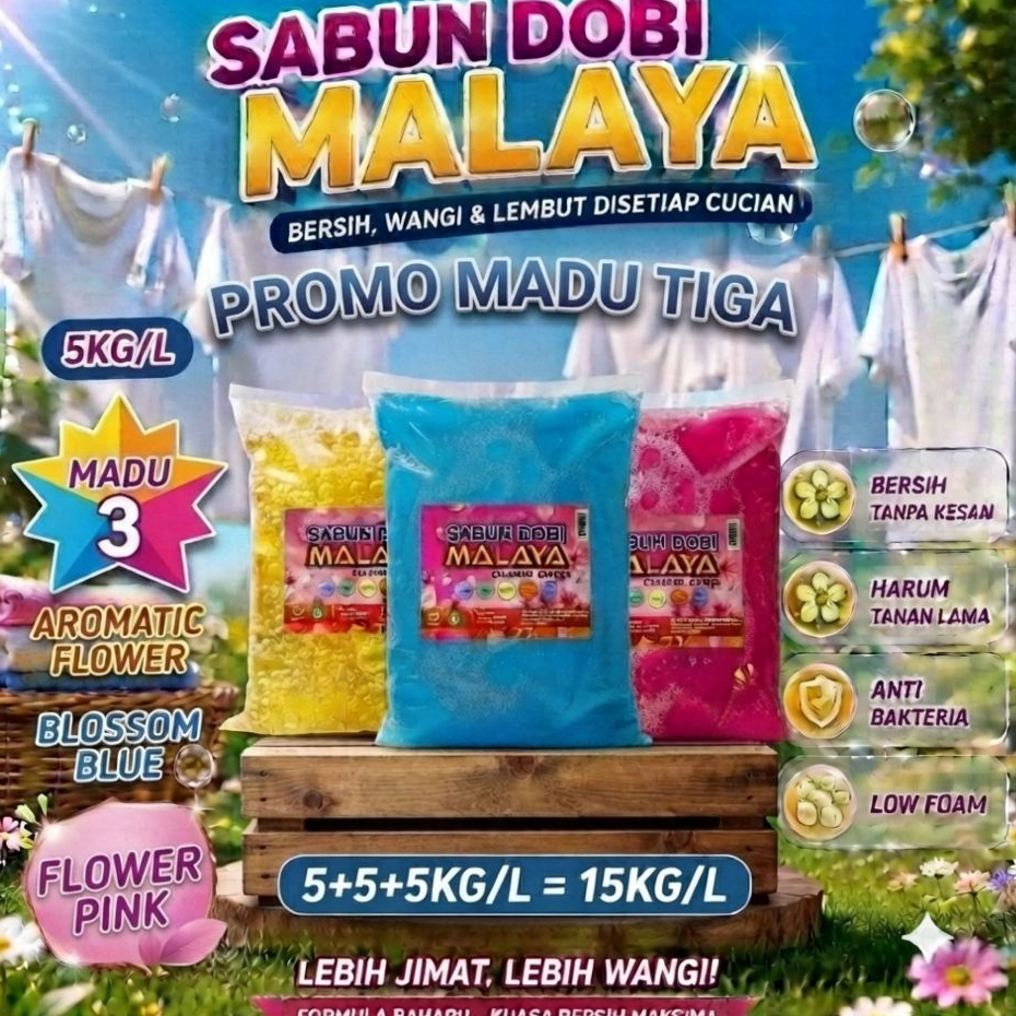 JIMAT BERGANDA MADU 3 SABUN DOBI MALAYA SOFTPACK/ISI ULANG 15LITER/KG(5+5+5kg/L)