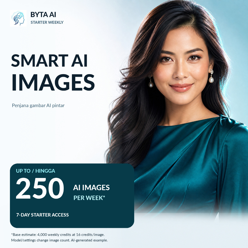 Up to 250 AI Images | Potret, Anime & Poster | Penjana Gambar AI Pintar | Byta AI Starter | 250 Imej/Minggu | Gambar AI