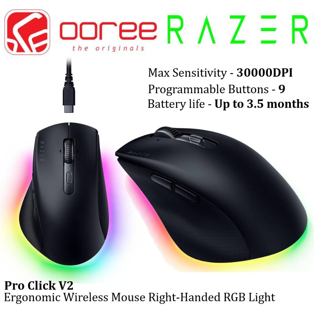 RAZER PRO CLICK V2 ERGONOMIC RIGHT HANDED WIRELESS MOUSE 9 PROGRAMMABLE BUTTONS / AI  PROMPT MASTER / USB-C WIRED