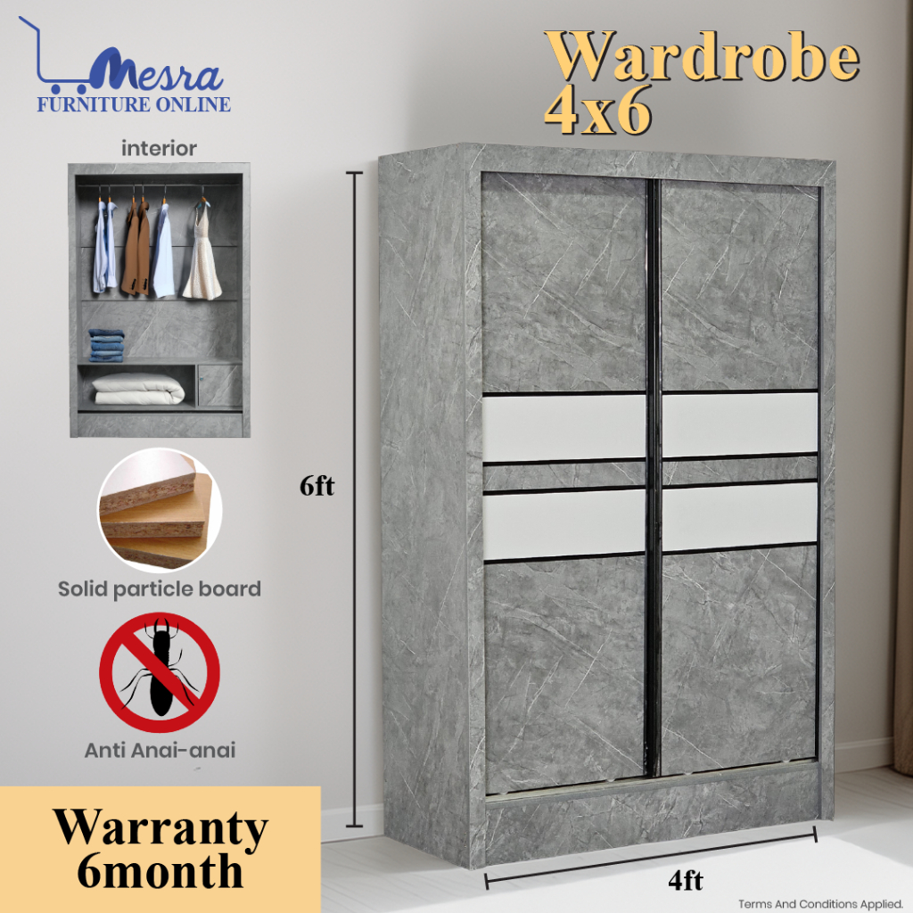 [FREE Installation] Mesra 4x6Ft Sliding Anti Jump Wardrobe Storage Cabinet , Wardrobe 4x6 , Sliding Door Wardrobe