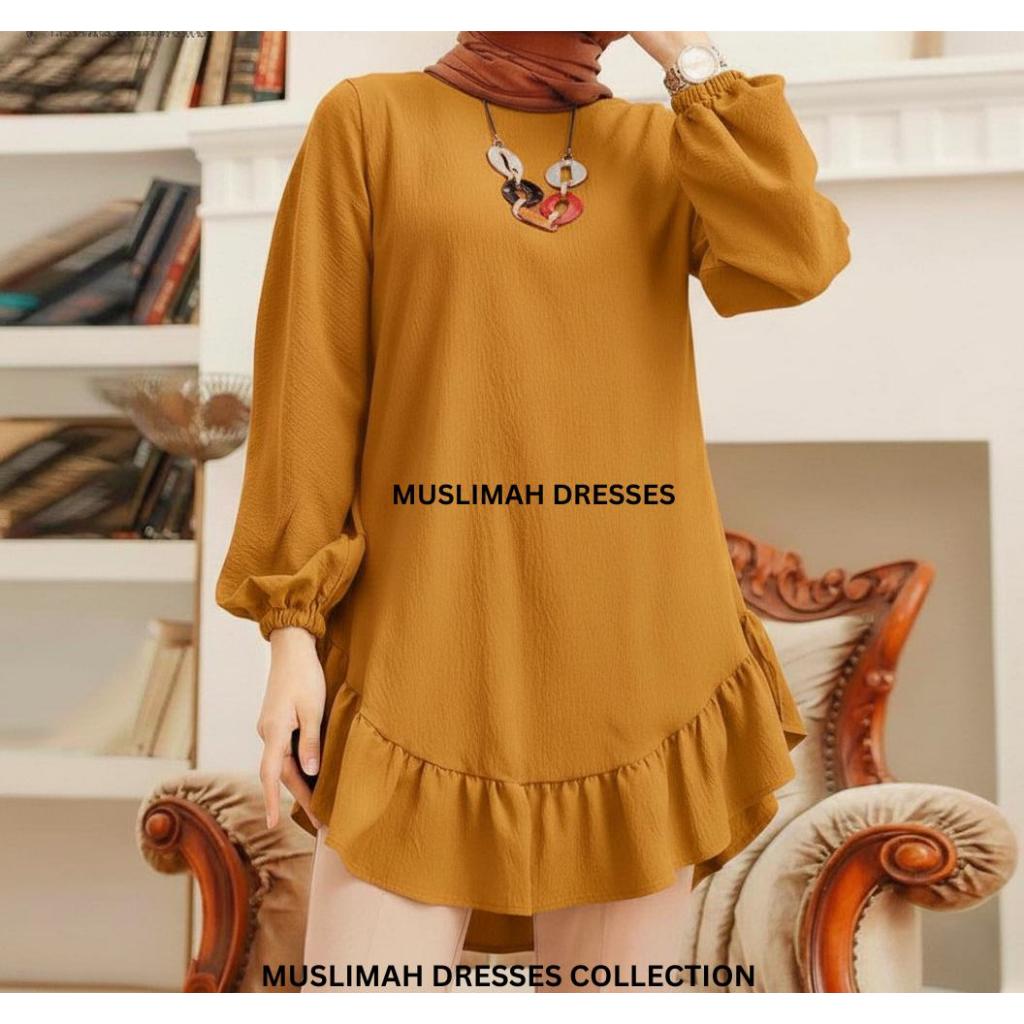 BLOUSE MUSLIMAH LABUH WOMEN BLOUSES SOLID O-NECK RUFFLE BLOUSE CASUAL FULL SLEEVE TOPS Baju Wanita Kualiti Tinggi Cey Cr