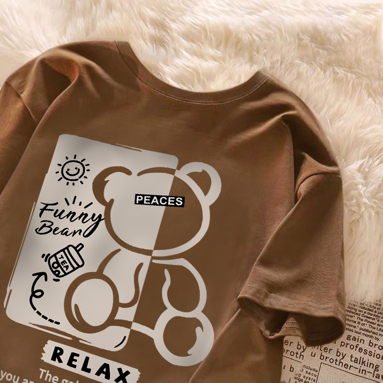 kumikumi Korean retro  Relax Bear print oversized loose brown T-shirt for women