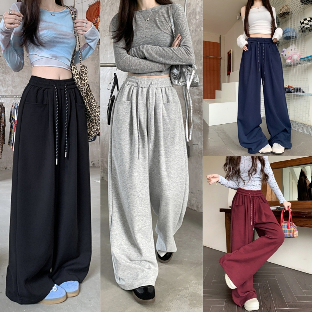 Cherryshop?Ready Stock?Casual Loose Plain Drawstring Gray Pants For Women Elastic Waist Sports Pants (Multi colored)