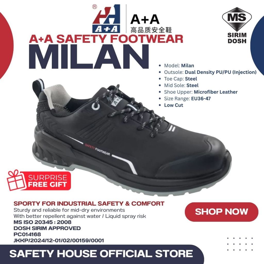 A+A MILAN Safety Shoes | Steel Toe & Midsole | PU Outsole | Microfiber Upper | DOSH SIRIM Certified
