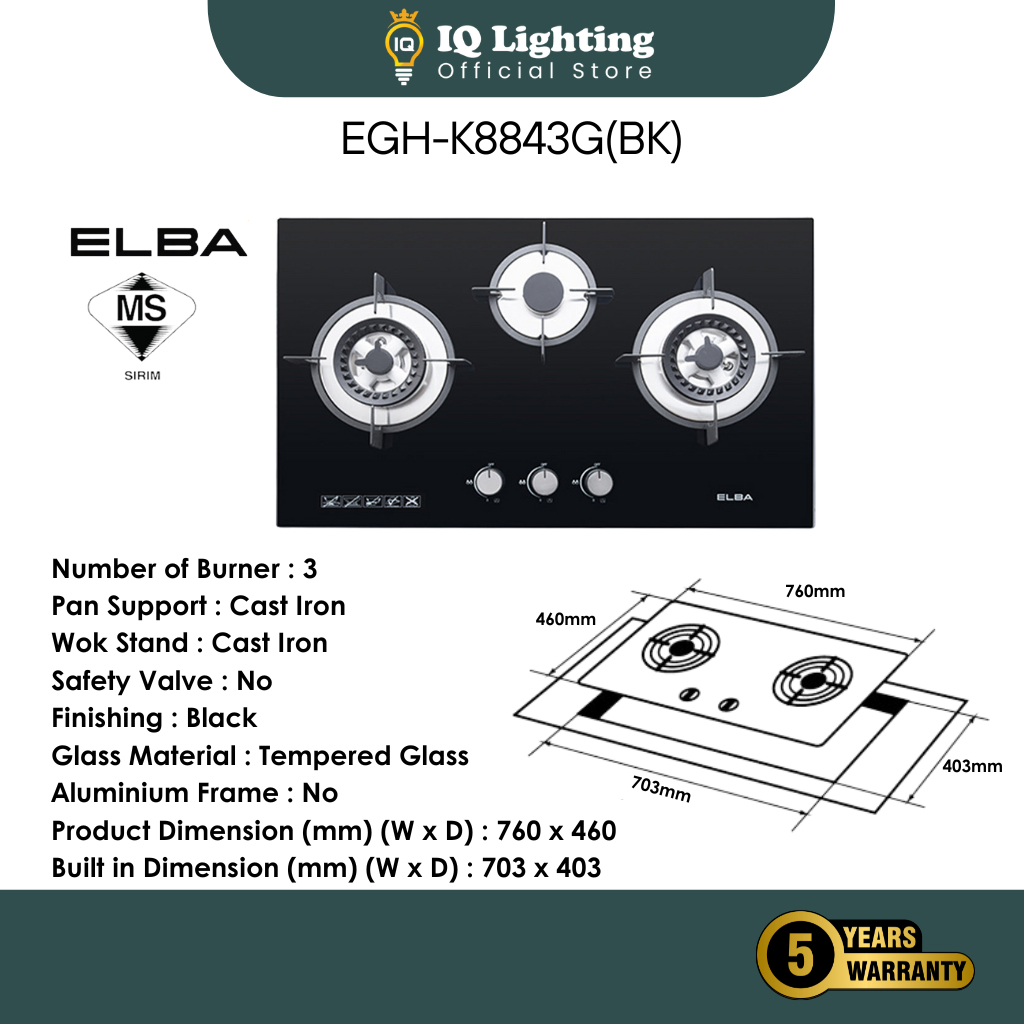 ELBA Dapur Gas Stove EGH-K8842G(BK)/8843G(BK)/8742G(BK) Glass Stove Kitchen Hob Stove Kitchen Applia