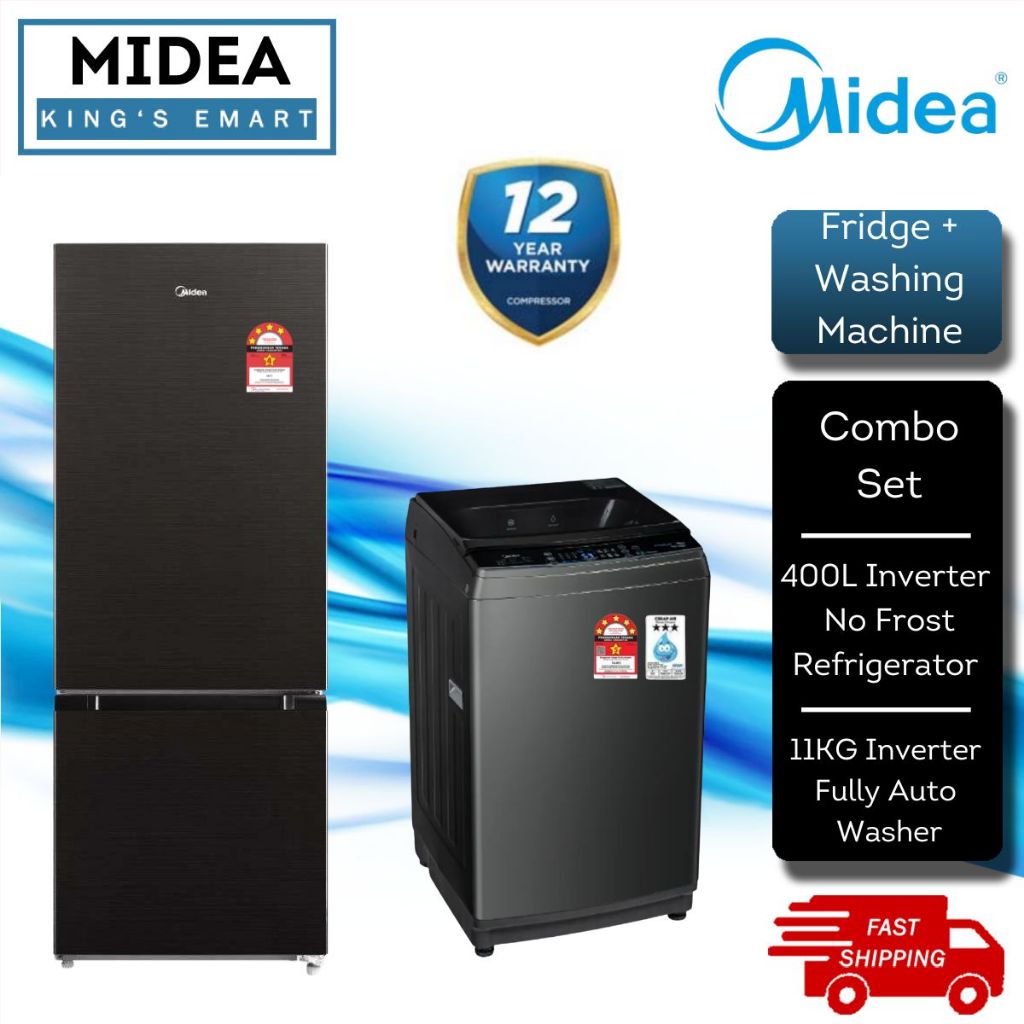 [COMBO SET] Midea 2 Door Inverter Refrigerator (280L / 400L) MDRT346MTB28-MY & 11KG Fully Auto Inverter Washer