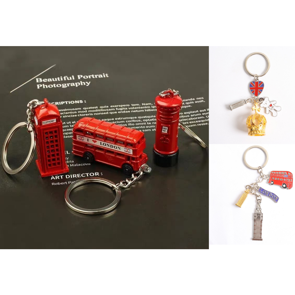 London & USA Themed Keychain - England British Red Bus Post Box Telephone America United States Travel Souvenir Gift