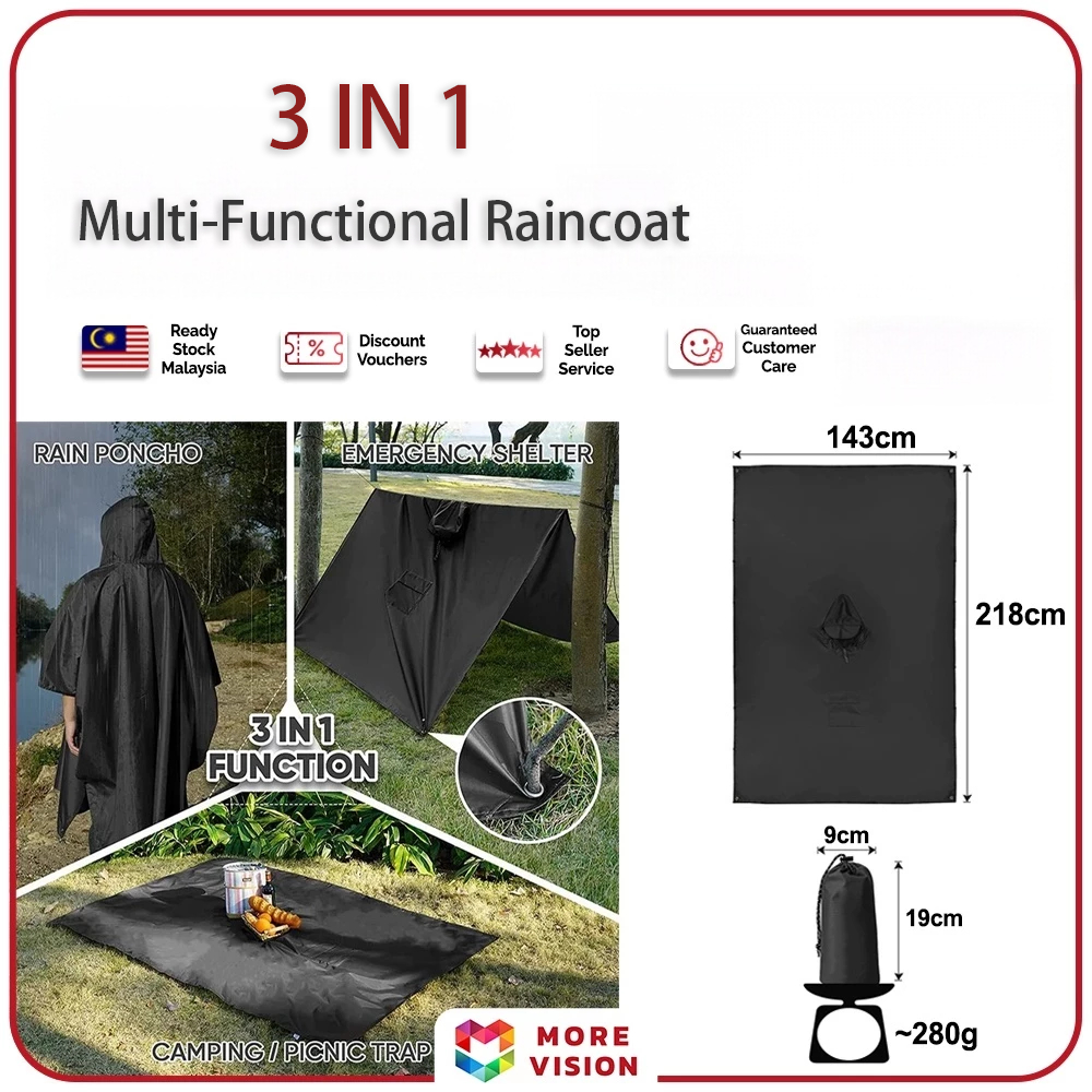 3-in-1 Multi-Functional Raincoat Poncho Outdoor Camping Tent Mat With edge fixing holes A hooded raincoat